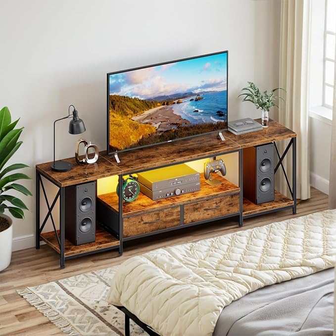 LED TV Stand for 75 70 Inch TV with Fabric Drawers LED Entertainment Center Television Stands with Storage Shelves for Living Room, Bedroom, TV Console Table 63" Rustic Brown