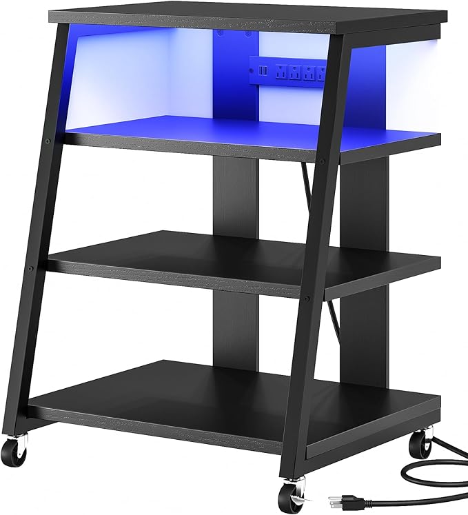 4-Tier AV Media Stand with Wheels, Stereo Stands, Media Console Shelf with Power Strips, LED Lights, Wooden Audio Cabinet Rack Tower for Record Player/Apple TV/ps4, Black TCJ60UDBB