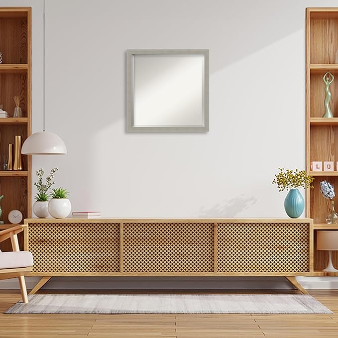 Amanti Art Grey Wall Mirror 22x22 Woodgrain Stripe Grey Square Bathroom Mirror for Wall Decor Living Room, Medium Casual Wood Frame, Hangs Horizonally and Vertically, Bathroom Decor, Beveled Edge