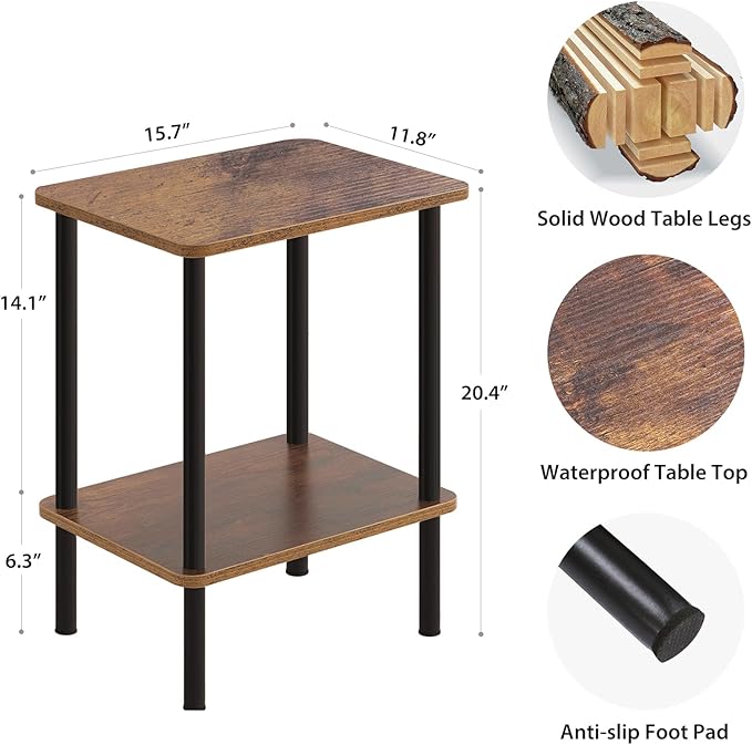 Apicizon 2 Tier End Table Set of 2, Small Side Table with Solid Wood Legs, Boho Bedside Table with Storage Shelf, Nightstand for Small Spaces, Bedroom, Living Room, Entryway, Easy Assembly, Brown