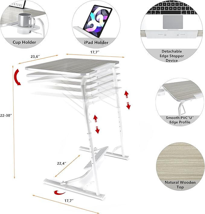 FoldWise Upgraded Folding TV Tray Table - Extra Large & Sturdy Laptop Table for Couch, Height & Angle Adjustable Desk for Dinner, Work & TV - Includes Footrest, Cup Holder, iPad Holder & Edge Stopper