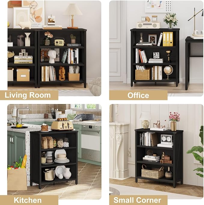 BON AUGURE Small Bookshelf, 3 Tier Black Book Shelf, Farmhouse Storage Bookcase, Short Wooden Book Cases for Small Space, Office, Bedroom, Living Room (Black Oak)
