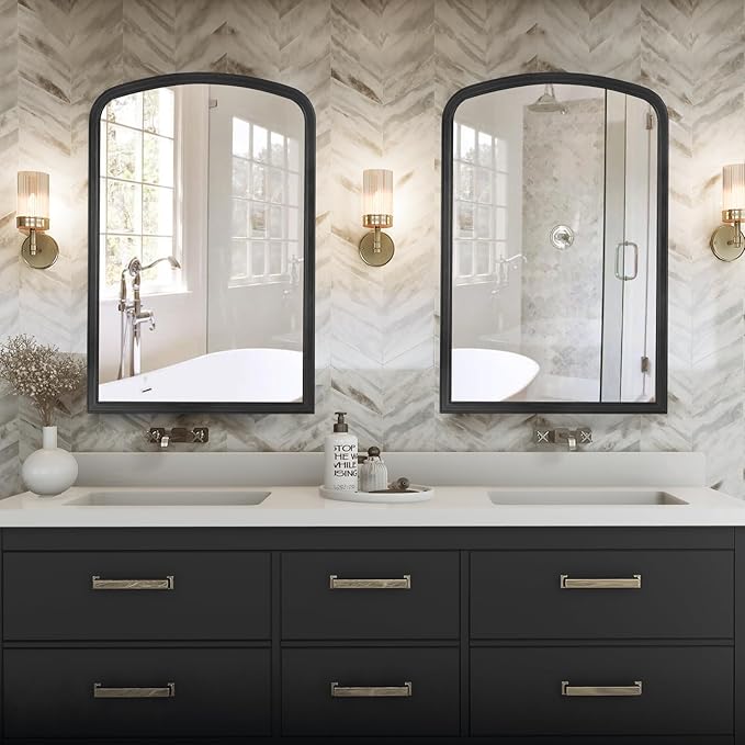 HOMECOOKIN Wood Arched Mirror for Bathroom, 24" x 36" Farmhouse Rustic Arched Wall Mirror Wood Framed Vanity Mirror for Home Decor Entryway Living Room (Black)