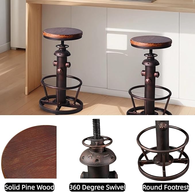 Vintage Swivel Bar Stool Industrial Coffee Kitchen Dining Chair Fire Hydrant Design Height Adjustable 24.8-30.7inch Solid Wooden Seat