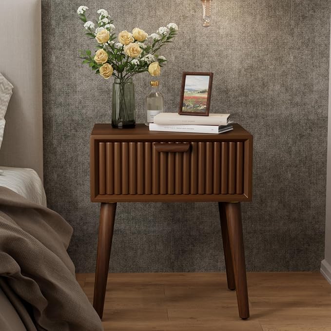 COSIEST Modern End Table w Striped Pattern, Mid-Century Nightstand w Storage Drawer, Small Wood Accent End Table for Bedroom, Living Room