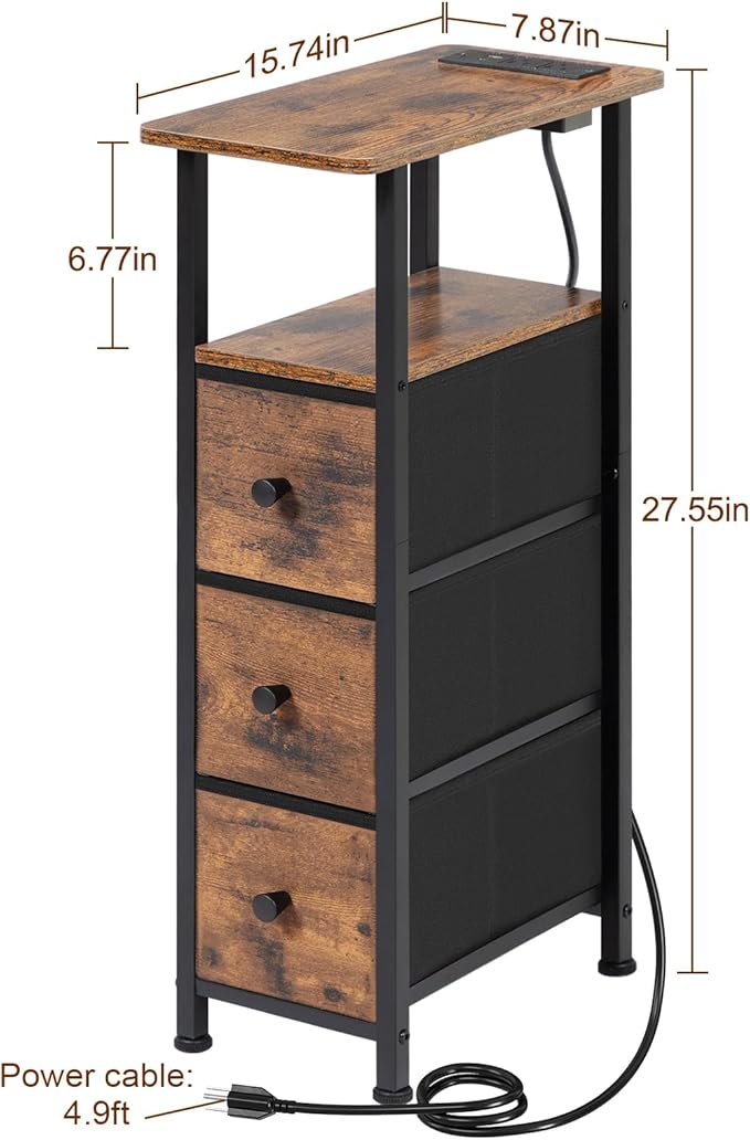 Narrow End Table Living Room with Charging Station, Skinny Side Table with Fabric Drawers, Slim LED Nightstand for Bedroom, Small Spaces, Couch, Brown, HETNDP03LBR-1