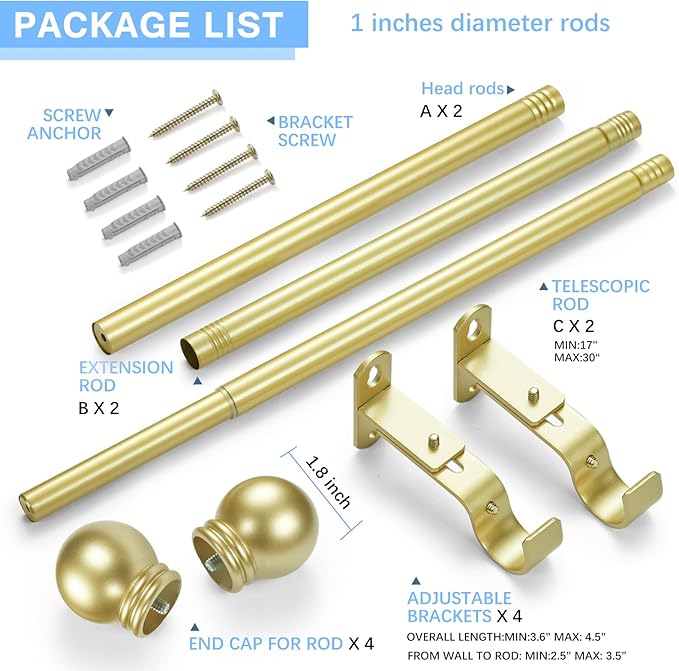Curtain Rods for Windows 16 to 48 Inches, Curtain Rod Max Adjustable Length of 60 IN, 1" Diameter Drapery Rods Round Finials, Warm Gold, Pack of 2