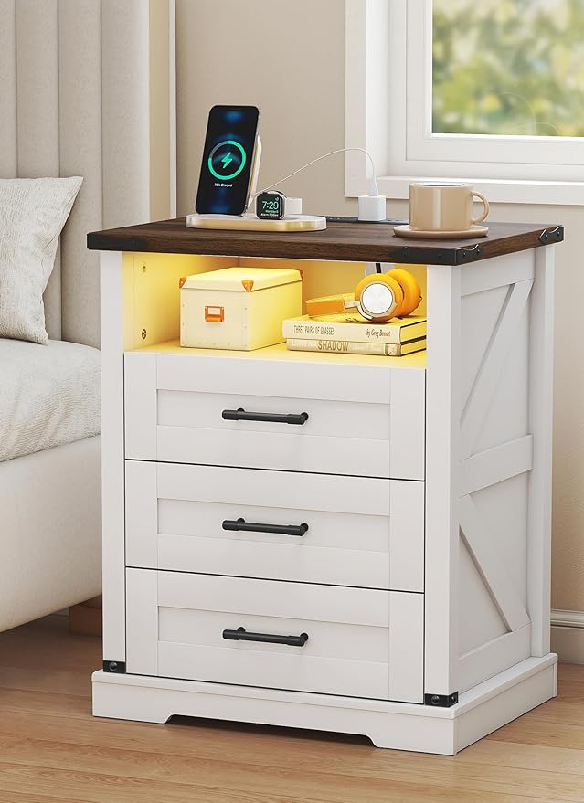 Night Stand with Charging Station 22" Large Farmhouse Nightstands with 3 Drawers and Open Storage Smart Bedside Table with Human Sensor LED Light End Tables for Bedroom Living Room White