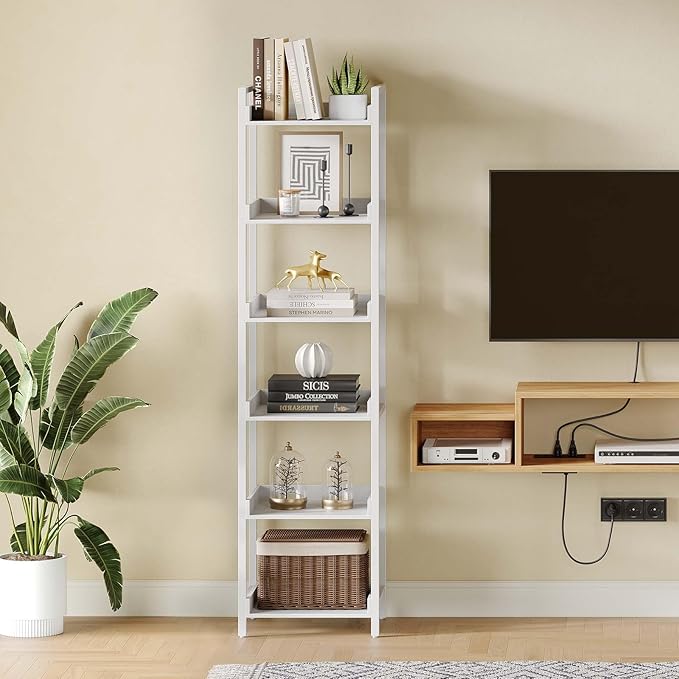 Rolanstar Bookshelf, 6-Tier Storage Rack, Narrow Corner Bookshelf, Display Wooden Shelves for Living Room, Bathroom, Balcony, Kitchen,White