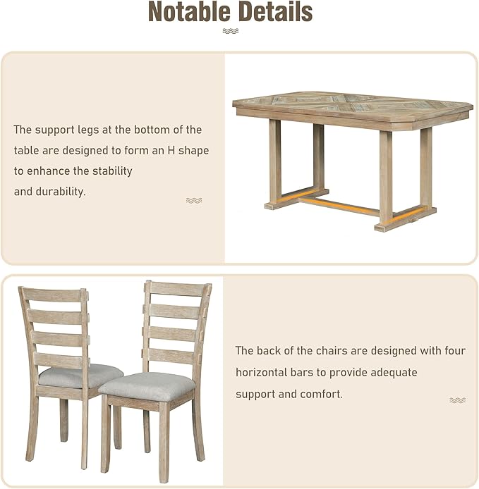 Ball & Cast 6 Piece Wood Dining Table Set with 4 Upholstered Chairs & 1 Bench,Kitchen Table and Chairs for 6 W/ 51.8" Rectangle Desk,for Restaurant,Home Bistro,Natural Wood Wash