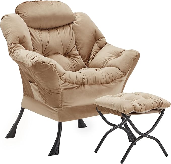 Lazy Chair with Folding Ottoman, Accent Chair Velvet Upholstered with Metal Structure and Non-Slip Pads, Sofa Armchair with Footrest and Side Storage Bag for Dorm, Room, Office, Khaki