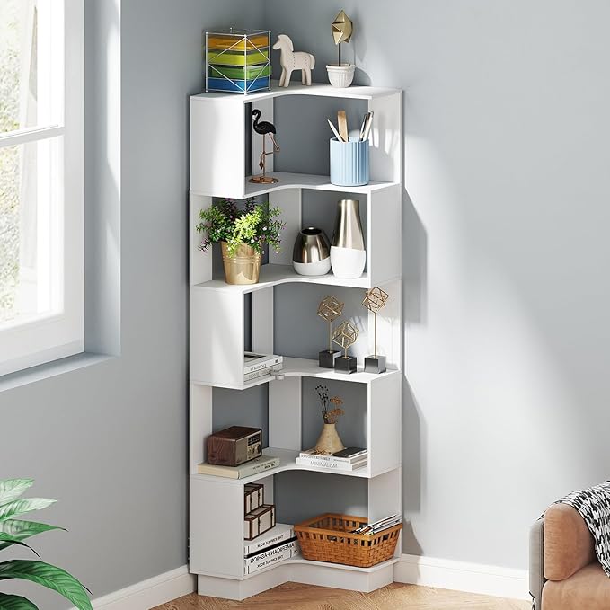 Corner Bookshelf, 68.9" Tall Wooden Corner Bookcase 5 Tiers L-Shaped Storage Freestanding Display Rack Large Open Bookshelf with Fixture for Living Room Bedroom Study Office (White)