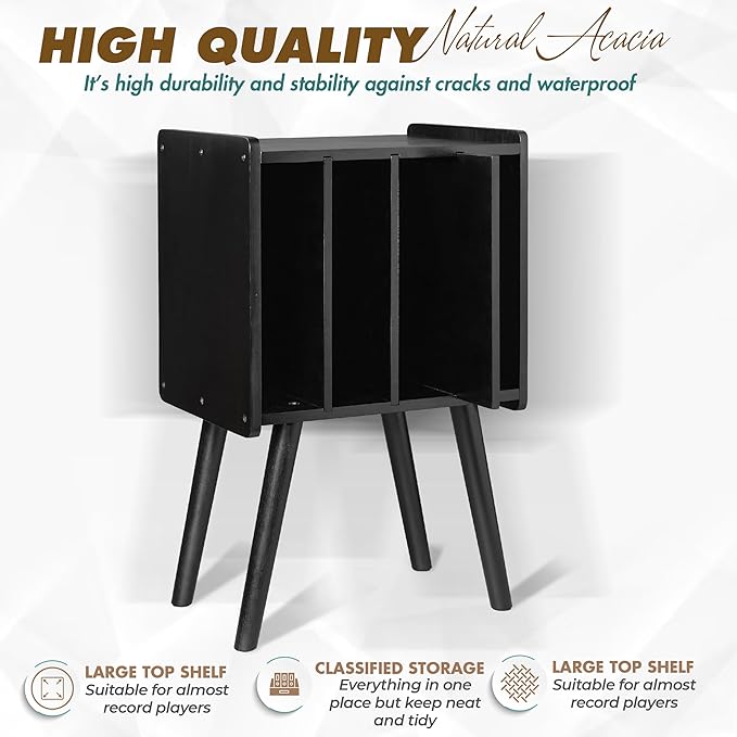 Wooden LP Record Player Stand with 4 Cabinets, Holds up to 100 Vinyls, Metal Record Storage Holder and Organizer Table, Classical Design for Files/Book (Mid-Century Modern)