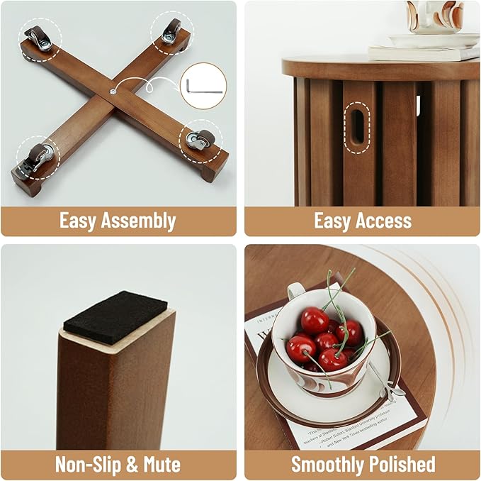 CozyDH 4-in-1 Nesting Side Tables, Stackable Stools Set of 4, Wooden Round End Table with Wheels, Small Coffee Table Nightstand for Bedroom Living Room, Walnut