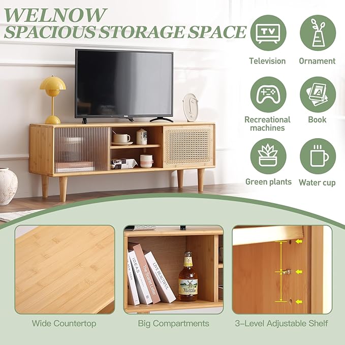Welnow Rattan TV Stand for Up to 55 Inch, Mid Century Modern Bamboo Entertainment Center with 2 Cabinets & Adjustable Shelf, Storage Media Console Table for Living Room, Bedroom, Natural