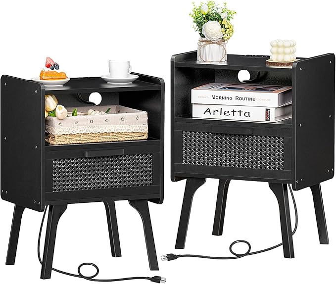 Lerliuo Rattan Nightstands Set of 2 with Charging Station, Boho Side Table with Drawer Open Shelf, Cane Accent Bedside End Table with Solid Wood Legs for Bedroom, Dorm and Small Spaces (Black)