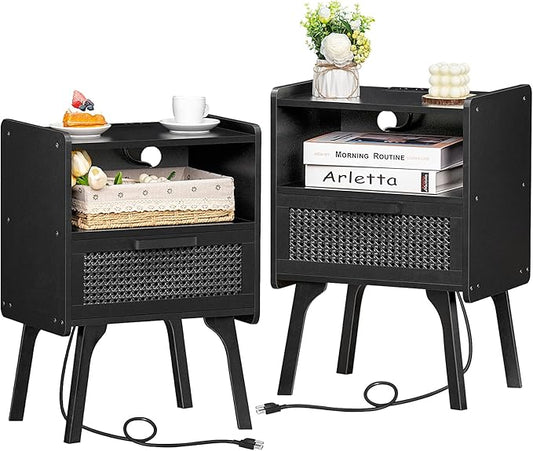 Lerliuo Rattan Nightstands Set of 2 with Charging Station, Boho Side Table with Drawer Open Shelf, Cane Accent Bedside End Table with Solid Wood Legs for Bedroom, Dorm and Small Spaces (Black)