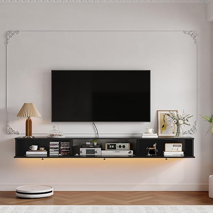 Retro Floating TV Console with 3 Doors,47'' High Gloss Floating TV Stand,Wall Mounted TV Cabinet,Contemporary Floating Media Console for Under TV Storage,Living Room,Bedroom(Black)