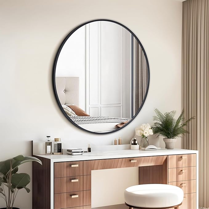30 Inch Black Round Wall Mirror, Circle Bathroom Mirror with Brushed Metal Frame, Anti-Rust Tempered Glass Vanity Mirror for Bedroom, Entryway, Living Room Farmhouse Decor