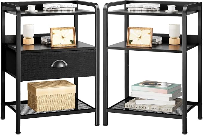Night Stand Nightstand with 1 Drawer Black Nightstands Storage Night Stands Fabric Drawers Small Bedside Table Mesh Shelves Bed Side End Tables Chests Cabinet for Bedroom Living Room Dorm Furniture