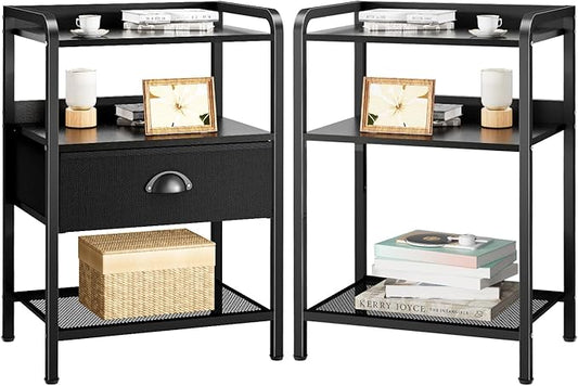 Night Stand Nightstand with 1 Drawer Black Nightstands Storage Night Stands Fabric Drawers Small Bedside Table Mesh Shelves Bed Side End Tables Chests Cabinet for Bedroom Living Room Dorm Furniture