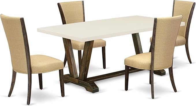 East West Furniture V727VE703-5 5 Piece Dining Room Table Set Includes a Rectangle Dining Table with V-Legs and 4 Brown Linen Fabric Upholstered Parson Chairs, 40x72 Inch, Multi-Color