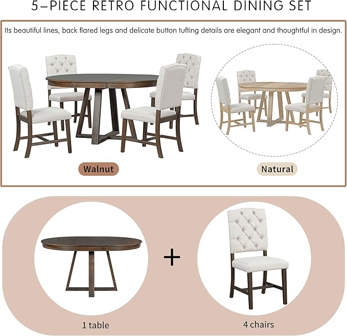 5 Pieces Dining Table Set with 42" Table,Living Room Furniture W/ 4 Upholstered Chairs,Tabletop Can be Adjusted from Round to Oval in Shape,for Restaurant,Home Bistro,Walnut