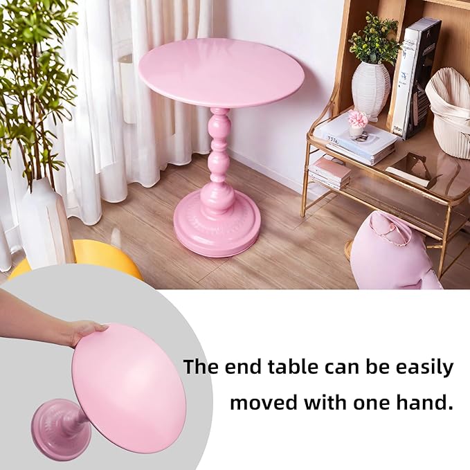Benkyo Pink Round End Side Table Modern Metal Pedestal Spindle Side Tables for Living Room Bedroom，Pink