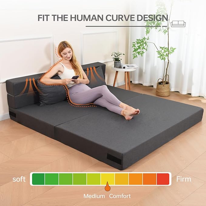 Folding Sofa Bed, Foldable Bed Sleeper Chair with Pillow, Convertible Sofa Bed with Washable Cover, Fold Out Couch,Futon Couch for Living Room, Dorm, Guest Room, Queen Size, Dark Grey
