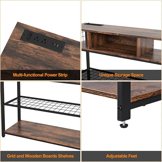 Console Tables with Charging Station, 4 Tier Narrow Sofa Tables with Storage Shelves, Entryway Tables with Outlet and USB Ports, Behind Couch Table for Living Room Hallway, Rustic Brown