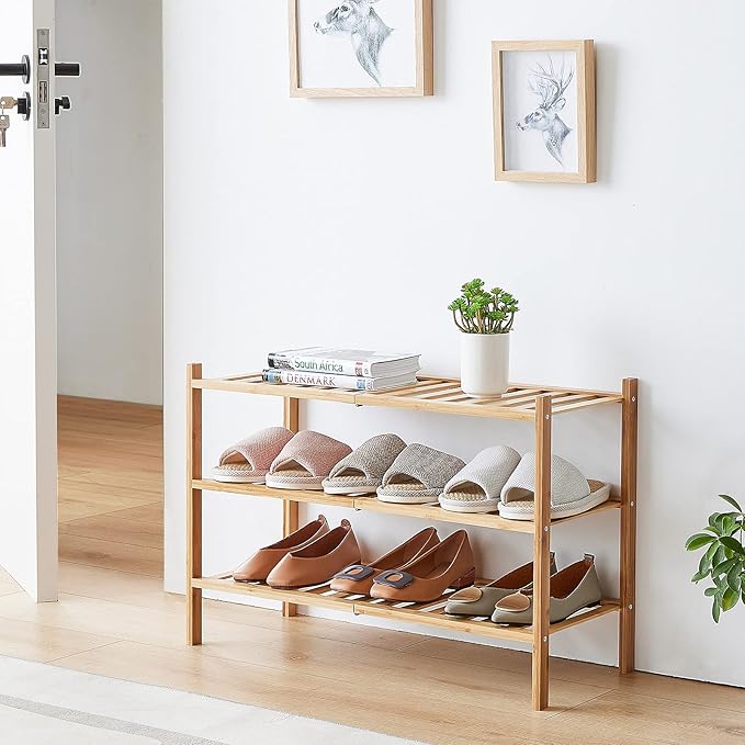 5-Tier Bamboo Shoe Rack for Entryway, Stackable | Foldable | Natural, Shoe Organizer for Hallway Closet, Standing Shoe Racks for Indoor Outdoor