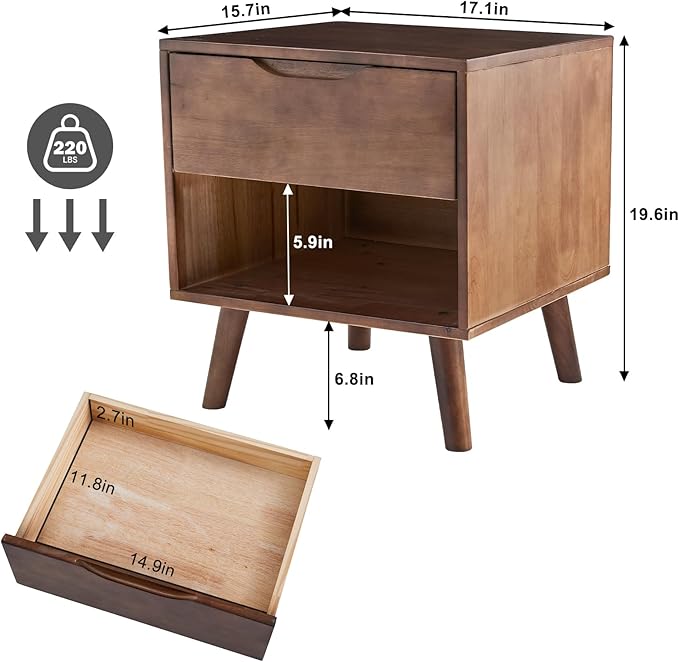 Uniclinens Nightstand with Drawer and Opening Storage, Modern Solid Rubberwood Bedside Table for Bedroom, 19" Sofa Side Table End Tables Living Room, Walnut