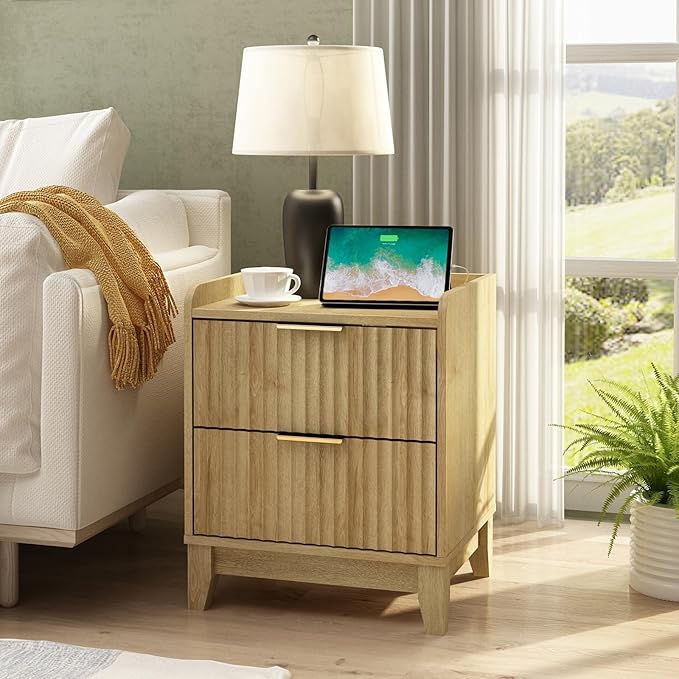Wnutrees Fluted Nightstand with Charging Station, Modern Bedside Table with 2 Drawers, Farmhouse Wooden End Side Table for Living Room, Natural