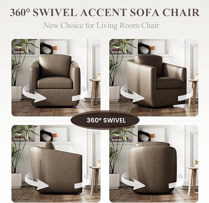 COLAMY 360°Swivel Accent Chair- Comfy Living Room Armchair No-Sag Foam & Sturdy Metal Base with Pillow, Fully Assembled Swivel Accent Single Sofa for Bedroom Living Room, Office, Wolf Grey