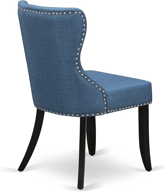 East West Furniture AMSI3-BCH-21 3 Piece Dinette Set for Small Spaces Contains a Round Kitchen Table with Pedestal and 2 Blue Linen Fabric Parson Dining Chairs, 36x36 Inch, Black & Cherry