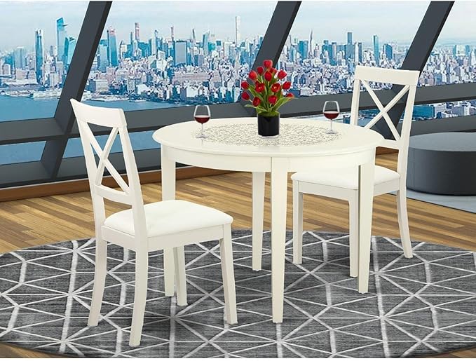East West Furniture BOST3-LWH-LC 3 Piece Modern Dining Table Set Contains a Round Kitchen Table and 2 Faux Leather Kitchen Dining Chairs, 42x42 Inch, Linen White