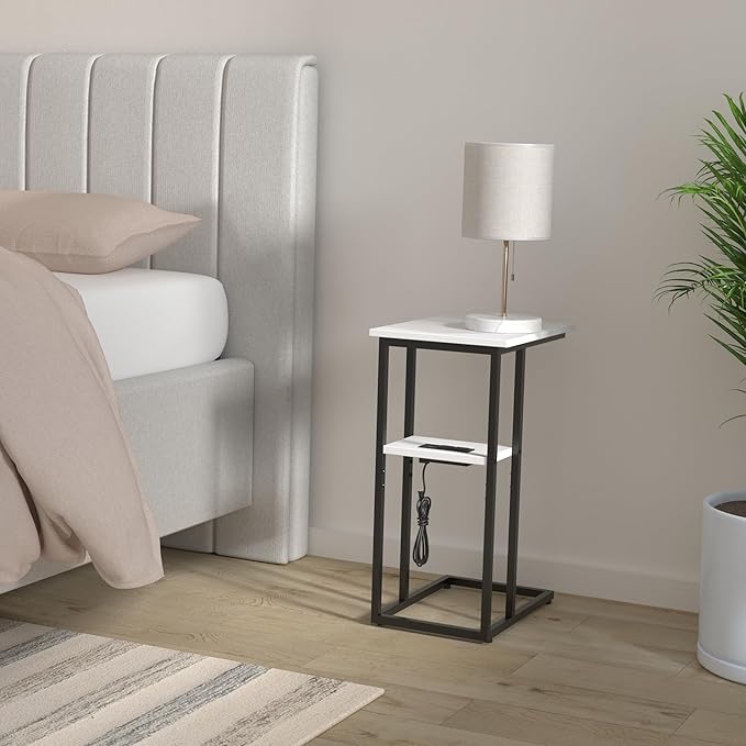 Innerjoin Side Table with Charging Station Set of 2, C Shaped End Table with LED Light Strip, Fast Charge USB A&C Ports, Small Sofa Snack Laptop Side Table for Living Room Bedroom, White