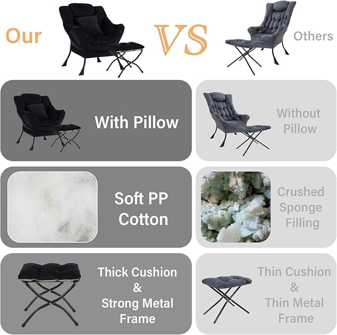Lazy Chair with Ottoman, Comfy Reading Lounge Chair with Footstool & Throw Pillow Modern with Armrests & Side Pocket for Living Room, Bedroom, Dorm Room, Velvet Black