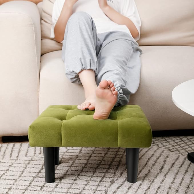 HOUCHICS Small Footstool Ottoman,Velvet Soft Footrest Ottoman with Wood Legs,Sofa Footrest Extra Seating for Living Room Entryway Office(Green 2PACK)