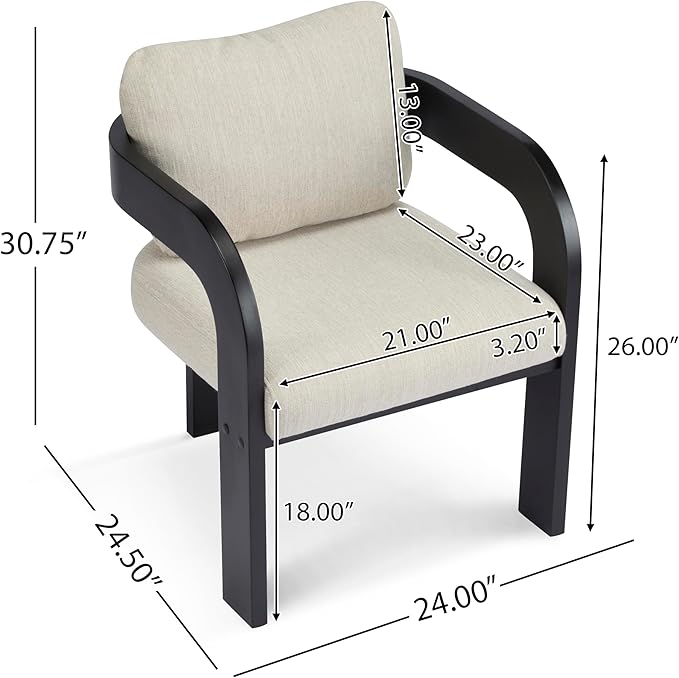 Christopher Knight Home Yorick Modern Dining Chair Set of 2 with Cushion, Solid Wood Dining Room Armchair Set, Curved Backrest Kitchen Side Chair, Living Room Comfy Extra Seat, Black+Beige