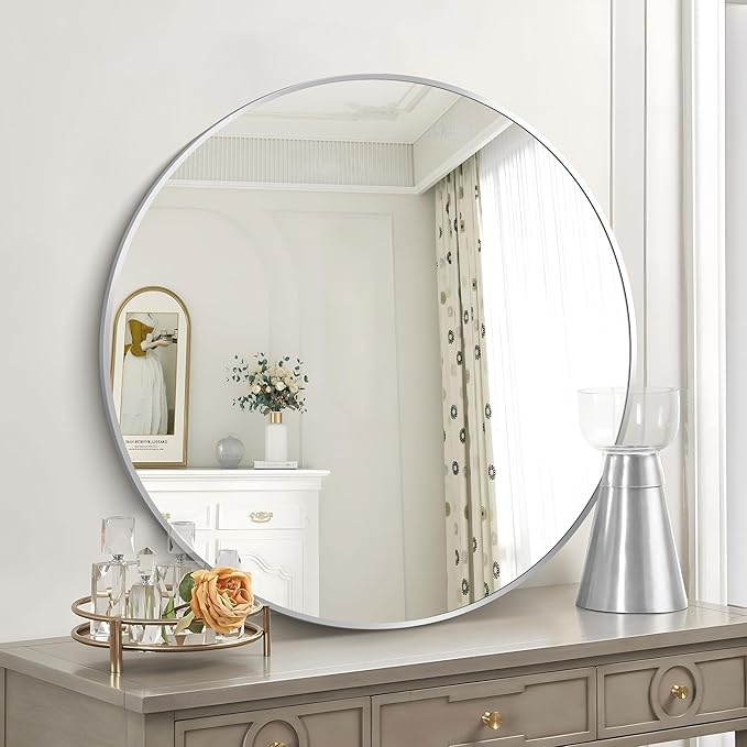 Silver Round Mirror, 39 Inch Wall Mounted Round Mirror, Aluminum Alloy Metal Frame Wall Mirror, Round Bathroom Mirror, Round Mirror for Bathroom, Entryway, Living Room, Large Mirror for Over Sink