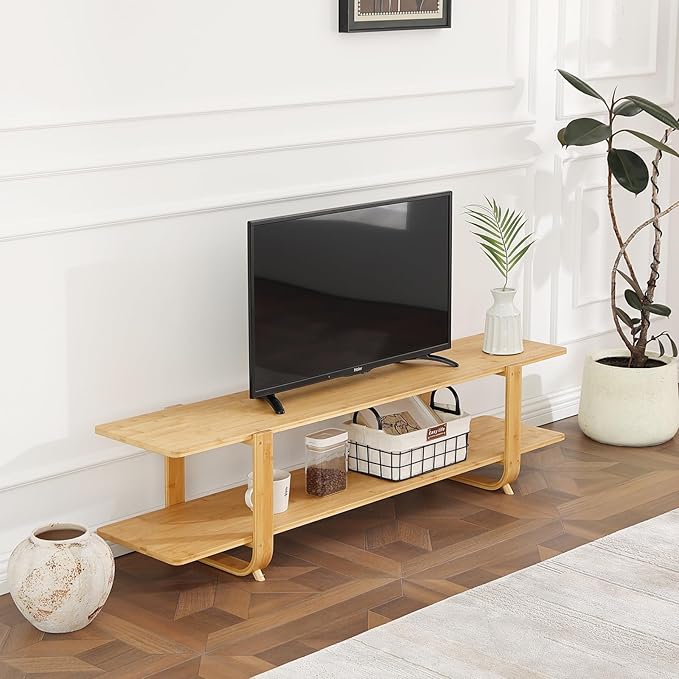 Welnow Bamboo TV Stand for Up to 65 Inch, Mid Century Modern Entertainment Center with 2-Tier Open Shelves, Storage Media Console Table for Living Room, Bedroom, Natural