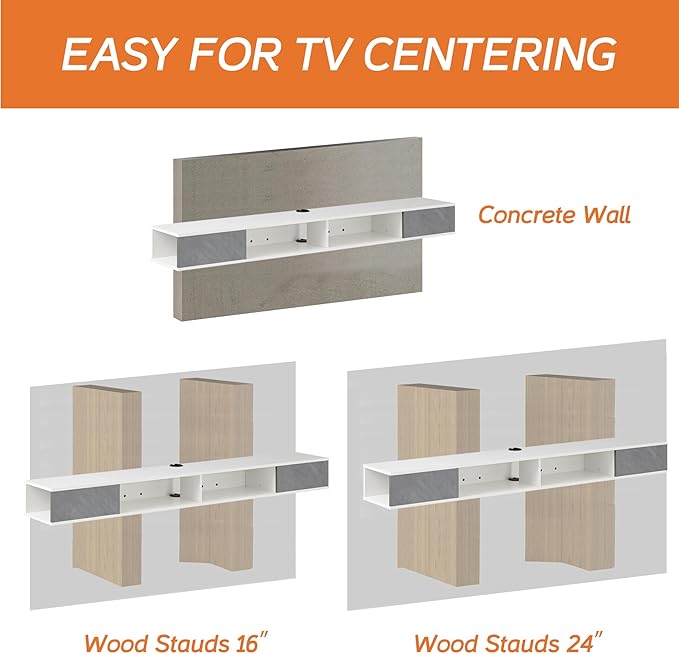 WAMPAT Floating 70in TV Stand, Entertainment Center Media Console, Wall Mounted Shelf Media Console Cabinet for Storage for 65/70/75 Inch TVs, White&Grey
