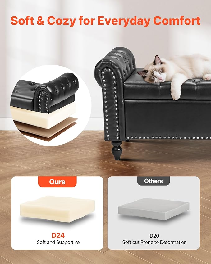VEVOR Button-Tufted Storage Ottoman Bench, Rolled Arm PU Leather Bench with Solid Wood Legs, Modern Shoe Benches Seat for Entryway, Upholstered End of Bed Benches for Living Room, Dining Room, Black