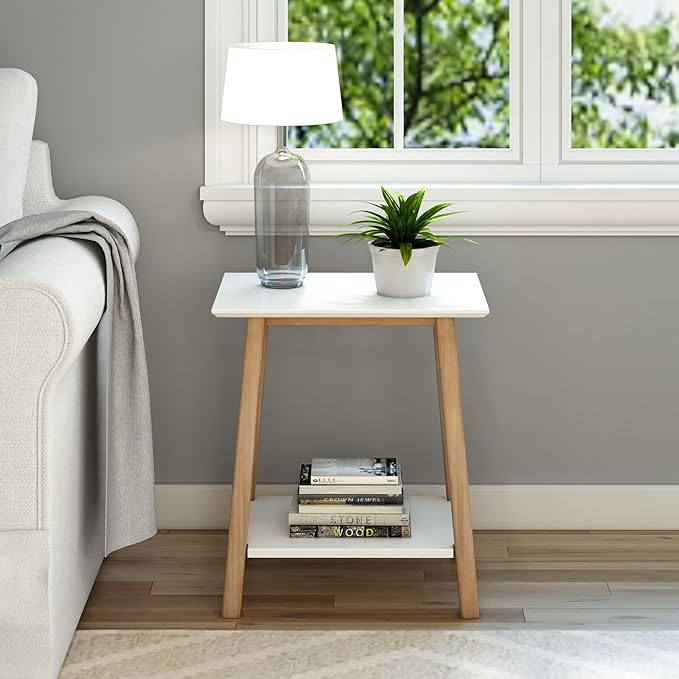 Plank+Beam Wooden Side Table with Storage, Mid Century Modern End Tables for Living Room, Small Solid Wood Nightstand, Bedside Tables, Bedroom Furniture, White/Blonde