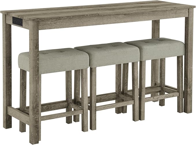 Ball & Cast 4 Piece Kitchen Dining Room Table and Chairs Set, Farmhouse Wooden Counter Height Bar-Sets w/USB Ports & Power Outlet & 3pcs Stools, 59" Sofa-Table Barstool w/Charging Station, Brown