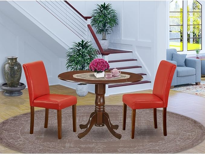 East West Furniture DLAB3-MAH-72 3 Piece Kitchen Table Set Contains a Round Dining Table with Dropleaf and 2 Firebrick Red Faux Leather Upholstered Chairs, 42x42 Inch, Mahogany