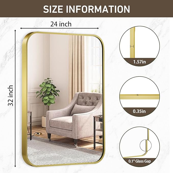 Matte Gold Mirror, 24x32 Inch Brushed Gold Mirror, Aluminum Alloy Framed Vanity Mirror, Rounded Rectangle Bathroom Mirror for Over Sink, Anti-Rust Wall Mirror (Horizontally or Vertically)