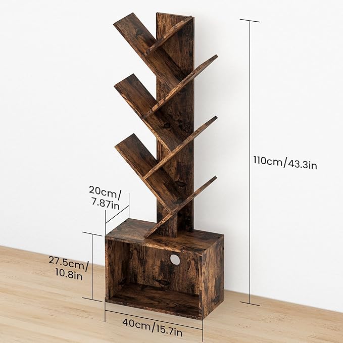 6 Tier Tree Bookshelf, Sturdy Retro Floor Standing Wood Bookcase, Storage Rack for Home Office, Living Room, Bedroom, Reading Spot, Heavy Book Organizer Shelves for CDs/DVDs/Movies