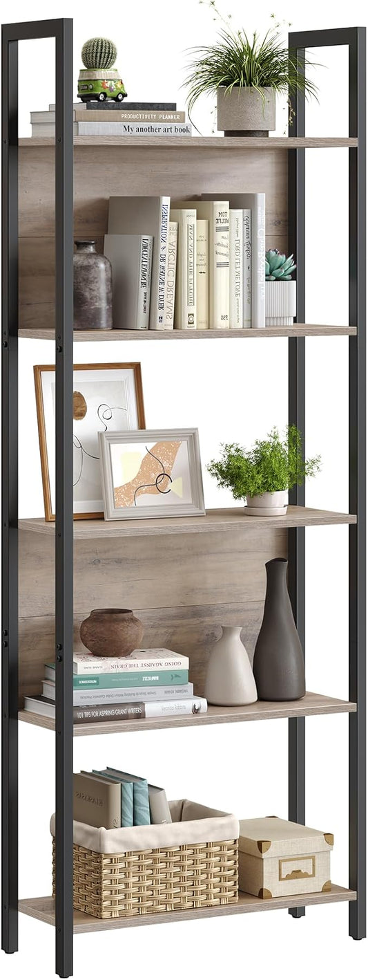 VASAGLE 5-Tier Bookshelf, Book Shelf, Industrial Bookcase, with Steel Frame, for Living Room, Home Office, Bedroom, 9.4 x 24.4 x 65 Inches, Greige and Black ULLS025B02